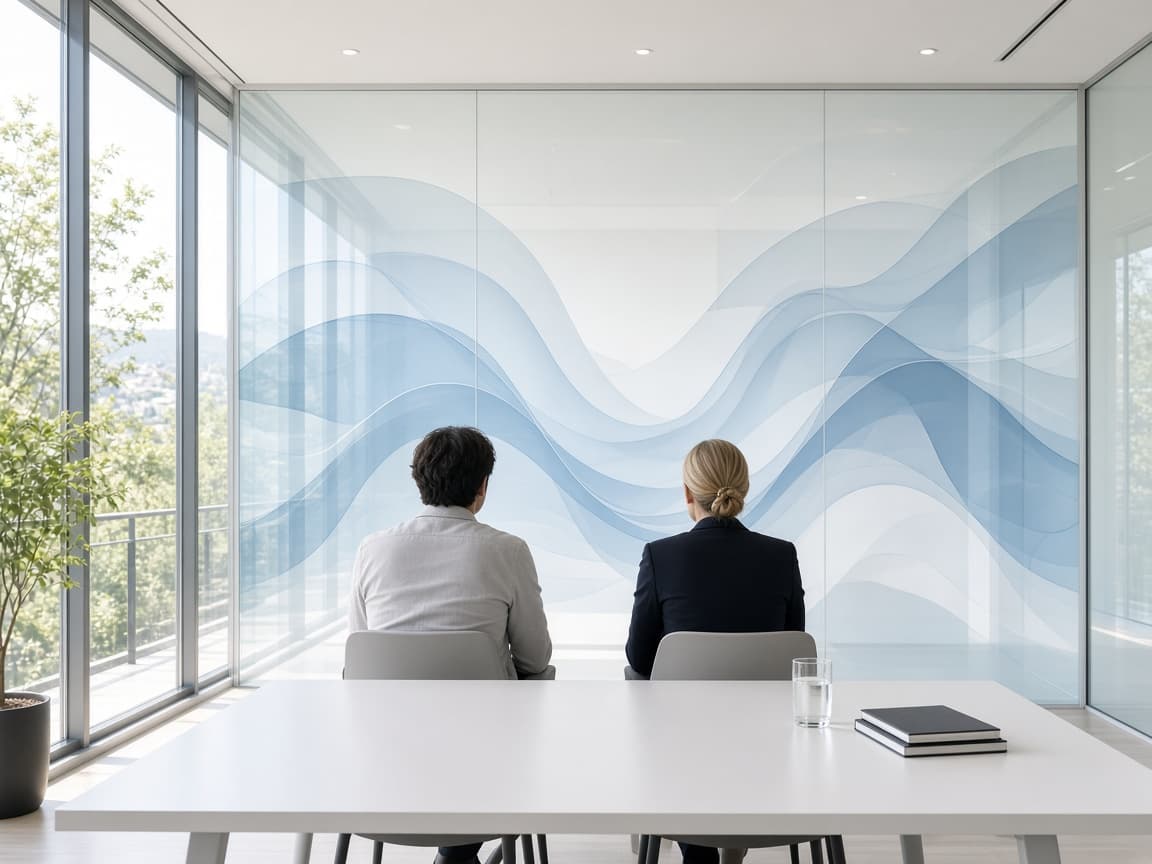 Two people in a bright glass meeting room reviewing performance curves in daylight.