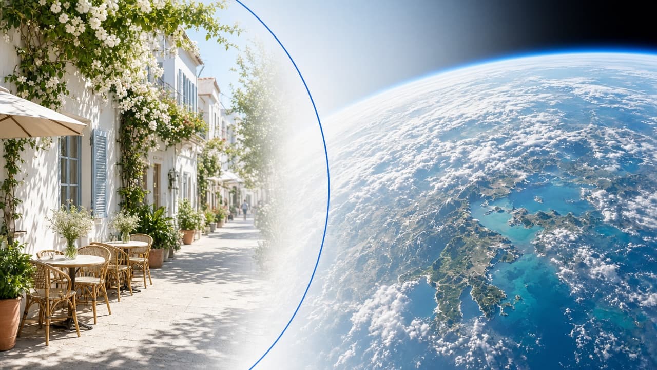 A sunlit local street dissolving into Earth in daylight, connected by a thin cobalt arc.