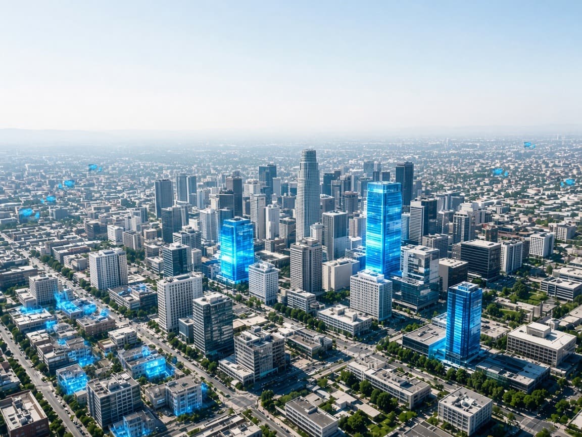 Sunlit city with precise blue light on selected towers and houses, a metaphor for targeted advertising.