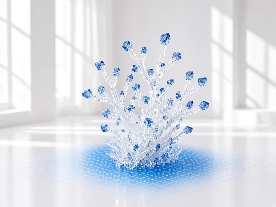 A pale crystalline form growing from a data grid in a bright studio, a metaphor for compounding growth.