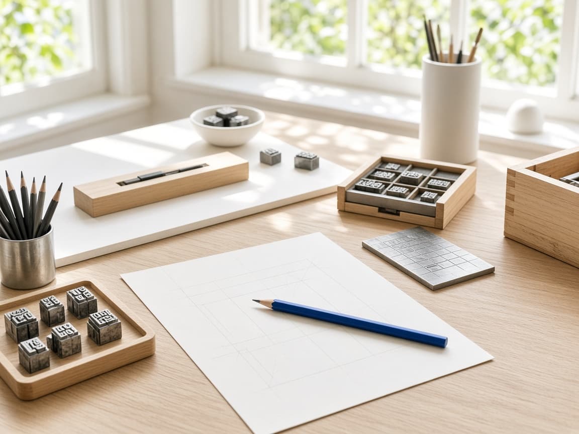 A sunlit brand-workshop table with sketches, metal type, and window light.